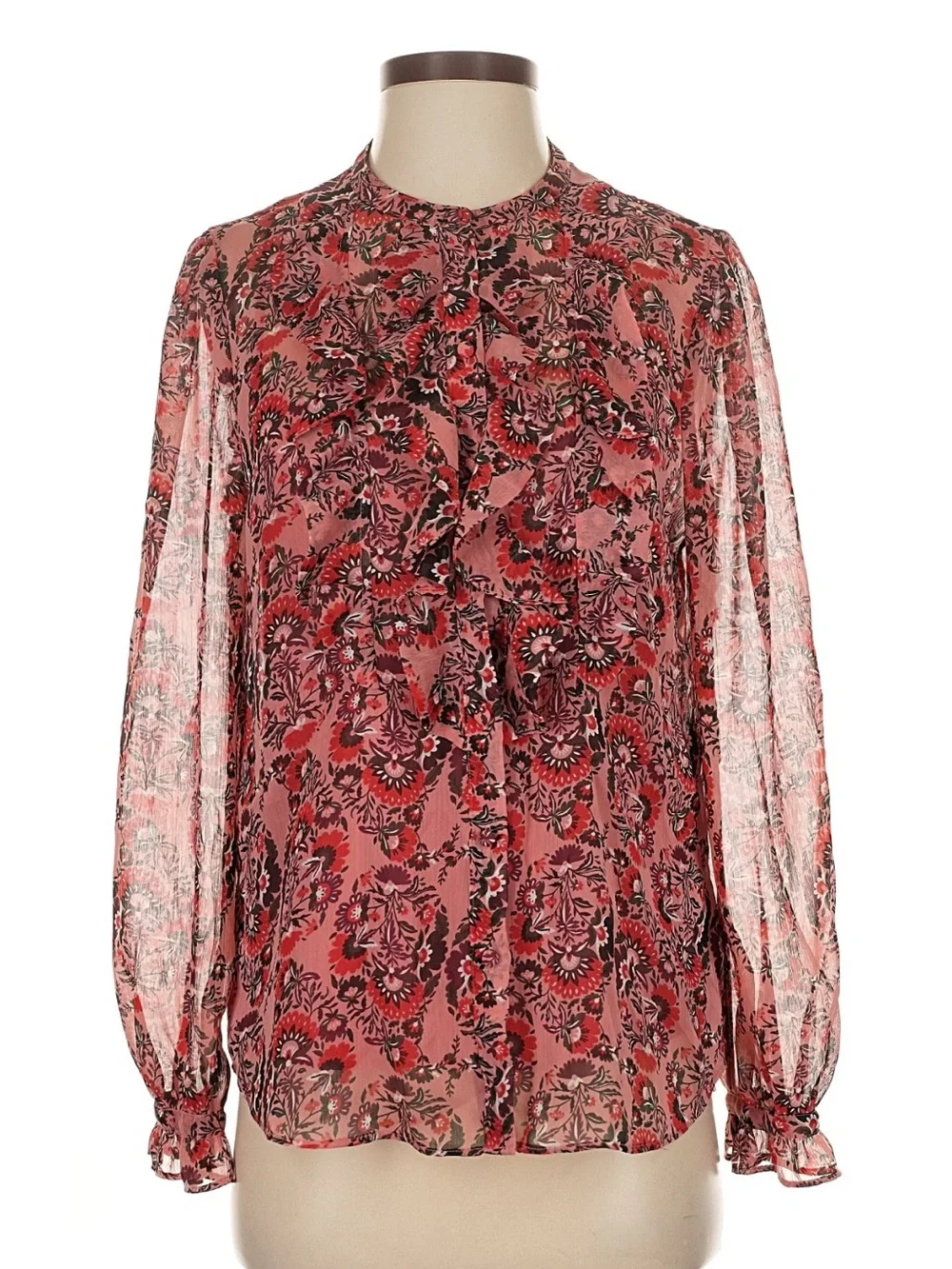 Boden Floral Sheer Ruffle Front Long-Sleeve Blouse in Rose Red Size 4
